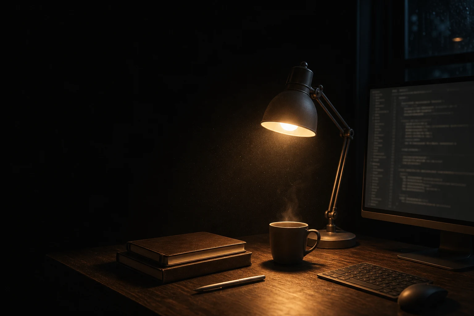 Biurko solo studio w wieczornym świetle, lampa, notes, kawa i monitor z kodem.